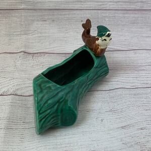 Vintage Green Log Ceramic Planter with Pixie Elf Figurine 7 1/2"L